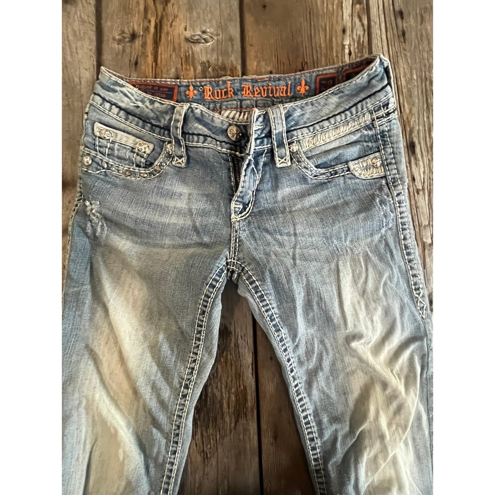 Rock Revival Bootcut Jeans Light Wash Distressed Embellished Studded Size 28 - Picture 5 of 14